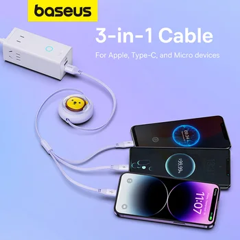 Baseus Выдвижной USB-кабель 3 в 1 Для быстрой зарядки Micro USB Type C Кабель зарядного устройства для iPhone Samsung Проводной шнур для Huawei Xiaomi