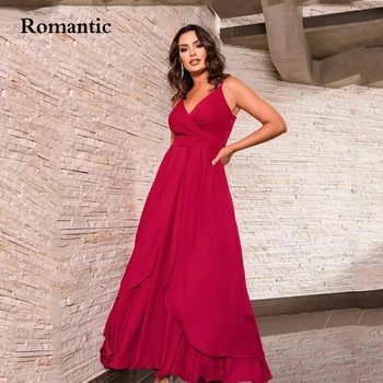 Романтическое Красное шифоновое простое вечернее платье Трапециевидной формы Длиной до пола, спагетти, с V-образным вырезом, без рукавов, вечернее платье для выпускного вечера