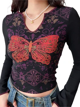 Женская футболка в стиле пэчворк в полоску в стиле ретро с длинным рукавом и винтажным рисунком Звезды - Повседневный топ с круглым вырезом для уличной одежды Y2K 90-х годов