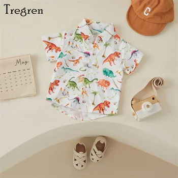 Tregren/ Летняя футболка для маленьких мальчиков с коротким рукавом и лацканами, рубашки на пуговицах с рисунком динозавра, повседневные топы, одежда