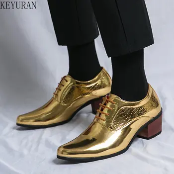 Роскошные Золотые Лоферы, Мужские вечерние модельные туфли, Свадебные Деловые туфли-Оксфорды, Мужские Официальные туфли из лакированной кожи, Увеличивающие рост, Плюс Размер