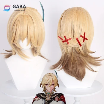 Искусственные парики GAKA Genshin Impact Kaveh, Синтетический Длинный Прямой льняной золотой игровой парик для косплея на вечеринку