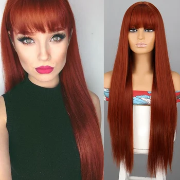 Длинный красновато-коричневый синтетический парик WERD с челкой, прямой парик Для женщин, светло-коричневый парик, парик для косплея