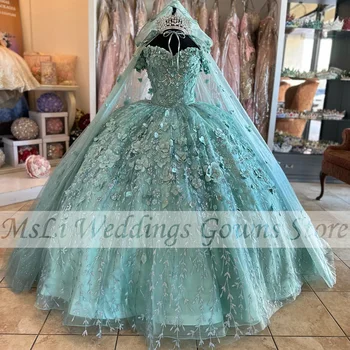 Роскошные Зеленые Пышные Платья-Бальные Платья С Аппликацией В виде 3D Цветов, Вечернее Платье для Вечеринки Vestidos De 15 Quinceañera На Заказ