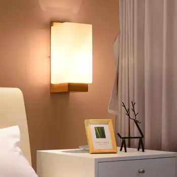 Настенный светильник из массива дерева в японском стиле, минималистичный белый стеклянный абажур E27, светодиодная прикроватная лампа для спальни, гостиной, прохода, лестницы