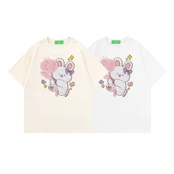 Полотенце с мультяшным кроликом, Вышивка в стиле Харадзюку, Корейский Топ, Женская футболка, Повседневная Женская Базовая футболка с Круглым воротником, Белая футболка с коротким рукавом для девочек