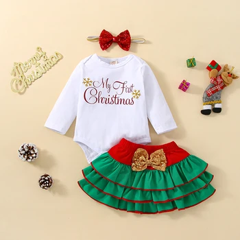Рождественский наряд для маленьких девочек, 3 шт., комбинезон с длинными рукавами + многослойная юбка + повязка на голову с бантом, комплект для новорожденных от 6 месяцев до 3 лет