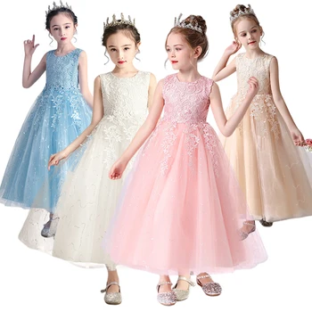 Летнее детское платье длиной до пола для девочек в цветочек, Бело-розовое кружевное платье для свадеб, церемоний дня рождения, вечеринки, Тюлевое платье Принцессы, Размер 4-14