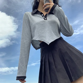 Свободная и нерегулярная Корейская модная футболка с отворотом из семи точек, Женская осенняя футболка с длинными рукавами, Женская базовая хлопковая уличная футболка