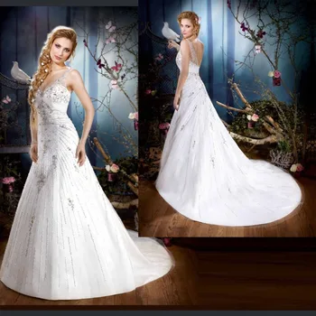 бесплатная доставка 2021 Скромный сексуальный V образный вырез, белое свадебное платье для новобрачных, расшитое бисером, свадебное платье со стразами и бисерными аппликациями