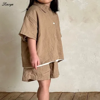 Корейская версия нового летнего комплекта Lenoyn для мальчиков и девочек, модный и красивый повседневный топ с короткими рукавами и шорты с отворотом