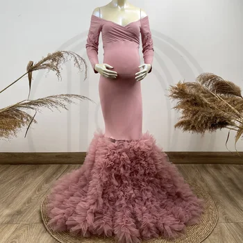 Красивое Платье для беременных из хлопка и тюля с оборками, сексуальное платье для беременных в стиле Русалки с открытыми плечами, прозрачное пышное платье для Phtoshoot Babyshower