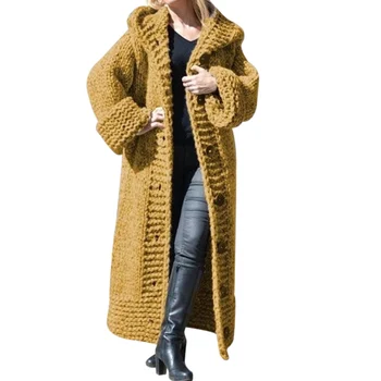 Зимнее пальто, Женское Повседневное Хлопчатобумажное пальто С капюшоном, толстый Вязаный Длинный Кардиган