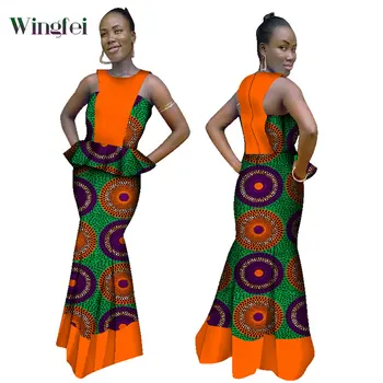 Африканская одежда для женщин, праздничная одежда в стиле дашики, Комплекты из двух предметов, топ без рукавов и длинная юбка, африканский костюм с принтом Анкары, WY986