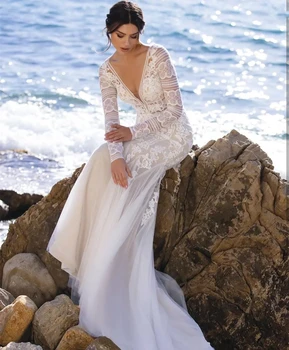 Пляжное свадебное платье Русалки с длинным рукавом и V-образным вырезом, Кружевные аппликации, Сексуальное тюлевое платье Невесты с открытой спиной, Шлейф Vestidos De Noiva