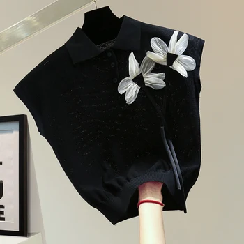 Трикотажная футболка с объемным цветком 2023, Летняя Элегантная женская Черная футболка, рубашка без рукавов с отворотом, Женские трикотажные футболки, топы