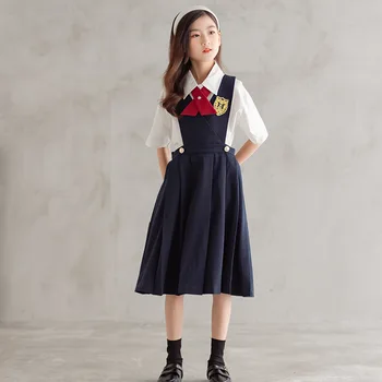 Школьные костюмы, детская одежда для корейских девочек от 10 до 12 лет, белая рубашка, юбки на подтяжках с бантом, комплект из двух предметов для девочек
