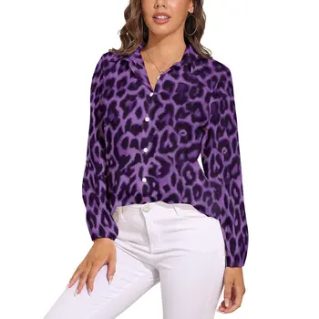 Фиолетовая Леопардовая Блузка с Животным Принтом, Офисные Блузки на заказ, Женские Повседневные Рубашки с длинным рукавом, Летние Топы Оверсайз