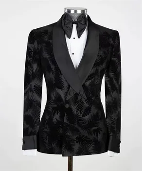 Мужской костюм, Блейзер с принтом листьев, 1 шт., черные Официальные Свадебные Смокинги, Офисный пиджак, наряд для выпускного вечера, пальто, сшитое на заказ, атласный лацкан