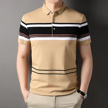 Высококачественная Хлопчатобумажная Повседневная роскошная летняя модная рубашка-поло для мужчин, топы с короткими рукавами в полоску, мужская одежда
