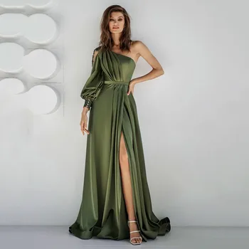 Элегантные вечерние платья цвета авокадо Зеленого цвета с одним плечом, расшитое бисером Вечернее платье с длинным рукавом, Атласное вечернее платье с жемчугом