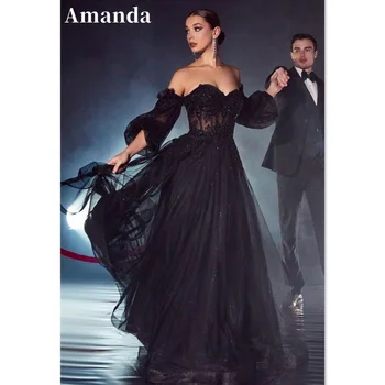 Amanda Vestido De Novia с пышными рукавами, Сексуальное платье для выпускного вечера в стиле милой Девушки, Черное платье для выпускного вечера трапециевидной формы, Кружевное платье Принцессы с вышивкой