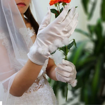 WG041 Изысканные Свадебные Белые Перчатки Для Новобрачных Гладкие Атласные Плюшевые Шарики Палец Запястье Невесты Короткие Перчатки Подружки Невесты