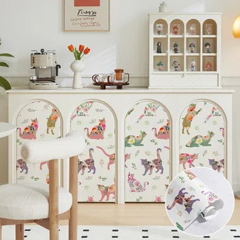 Красочный декор детской комнаты с котом, съемные обои, забавные обои для приклеивания, Цветочные самоклеящиеся обои для мебели