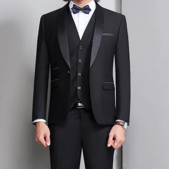 Черный Смокинг жениха для свадьбы, выпускного вечера, мужские костюмы, комплект мужской одежды для курения, приталенный, для церемонии, комплект мужской одежды, жилет, куртка, брюки