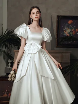Атласное вечернее платье Принцессы во французском стиле с рукавами-пузырями, квадратным вырезом и бантом, Свадебные платья чайной длины, бальное платье для встречи выпускников