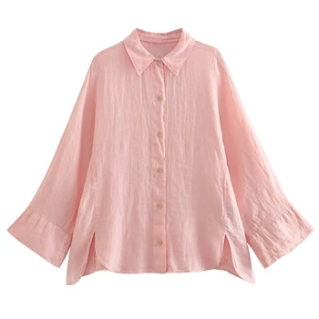 Увядшая Модная Женская Японская Простая льняная рубашка с расклешенными рукавами, Свободная Розовая Блузка, Женский Повседневный топ