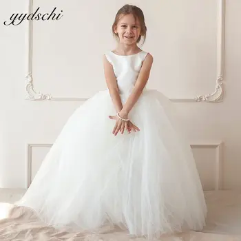 2023 Белое свадебное платье с цветочным узором для девочек, бальное платье Трапециевидной формы с круглым вырезом, платье Принцессы для Первого причастия для девочек, Тюлевое детское простое платье