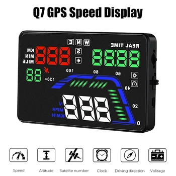 5,5-дюймовый автомобильный HUD-дисплей Q7 Проектор на лобовое стекло GPS Высота Цифровые часы Предупреждение о превышении скорости Пробег Спутники