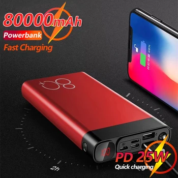 Мобильный банк питания емкостью 80000mAh с фонариком, Портативная внешняя быстрая перезаряжаемая батарея большой емкости для iPhone Xiaomi Huawei