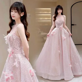 Великолепное розовое вечернее платье, расшитое бисером, платья принцессы с 3D цветами, Элегантные вечерние платья без рукавов с открытой спиной, длинные официальные платья для вечеринок