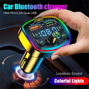 Автомобильный Bluetooth 5,0 FM-передатчик PD 18 Вт Type-C, Двойной USB 4.2A, Быстрое Зарядное Устройство, Светодиодная Подсветка, Атмосферный Свет, MP3-плеер, Музыка Без потерь