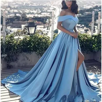 Новое Поступление 2023, Плиссированное Синее атласное бальное платье с открытыми плечами, Сшитое на заказ, Длинные вечерние платья для женщин