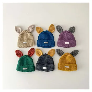 Милая Детская шапка-кролик с ушками 2023, Осенняя детская вязаная шапка-Бини для мальчиков и девочек, Теплый шерстяной пуловер, шапка