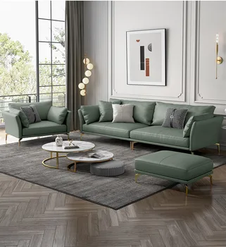 Desain Furnitur Set Sofa Hijau Muda Besar dan Kecil Gaya Minimalis Mewah Ringan Modern Sofa Ruang Keluarga