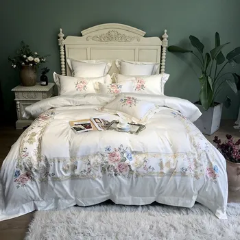800TC Комплект постельного белья из египетского хлопка с роскошной вышивкой Белого цвета Queen King size, покрывало для кровати, пододеяльник, Комплект простыней parure de lit