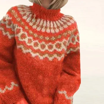 Свитера, Женский Пуловер с черепашьим вырезом, Осенний жаккардовый Пуловер с длинным рукавом, Вязаный свитер, Женский Винтажный свитер, пуловер