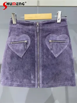 Элегантные Короткие фиолетовые юбки для женщин 2023, Осенне-зимние новые модные джинсовые юбки на молнии с высокой талией для похудения, женские Короткие джинсовые юбки