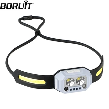Мини-светодиодная фара BORUiT, налобный фонарь с датчиком движения, USB перезаряжаемый складной налобный фонарь со встроенной батареей для кемпинга на открытом воздухе