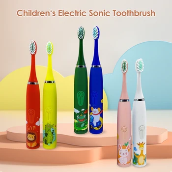Детская Звуковая Электрическая зубная щетка с мультяшным рисунком IPX6, водонепроницаемая, с 6 Сменными головками для зубных щеток, Отбеливающая Зубы, Уход за полостью рта