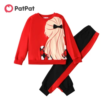 PatPat, комплект из 2 предметов, красная толстовка с принтом персонажа для девочек и брюк с цветными блоками