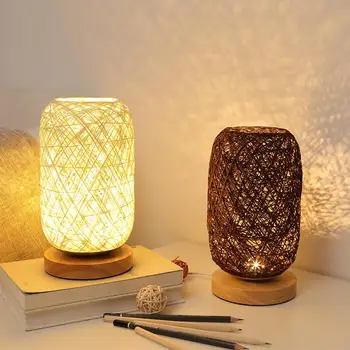 Плетение из ротанга, Бамбуковая настольная лампа с деревянным основанием, светодиодный прикроватный ночник в деревенском стиле с регулируемой яркостью, Ретро настольная лампа для спальни, кафе