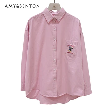 Блузка с вышивкой из мультфильма с карманами 2023, Ранняя Осень, Новая Свободная Хлопковая рубашка с длинными рукавами Спереди и сзади, Блузки