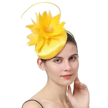 Желтая Формальная Атласная шляпа-чародейка для волос, Женский головной убор для вечеринки, Красивая сетчатая шляпа для новобрачных, Свадебный головной убор с перьями