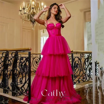 Ярко-Розовое Многослойное платье для выпускного вечера Cathy 2023 на тонких бретельках, Фатиновое платье Трапециевидной формы, Vestidos De Noche, Сексуальное, Без рукавов