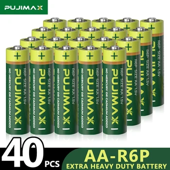 Углеродная батарея PUJIMAX 1,5 В R6P AA, 40 шт, сухая батарея, подходит для радиоигр, мыши с дистанционным управлением, электрической зубной щетки, Универсальная